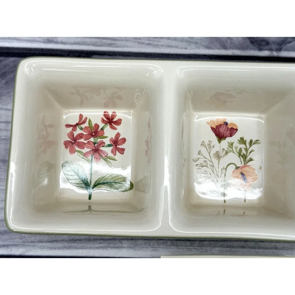 LONGABERGER POTTERY BOTANICAL FIELDS 3 COMPARTMENT‎ DIVIDED DISH - RELISH DISH